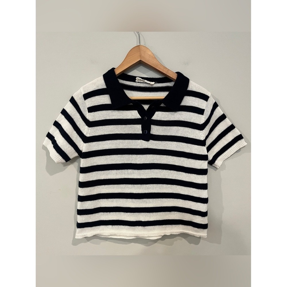 Molly Green Striped Knit Polo Top Coastal Navy White Medium Short Sleeve Button